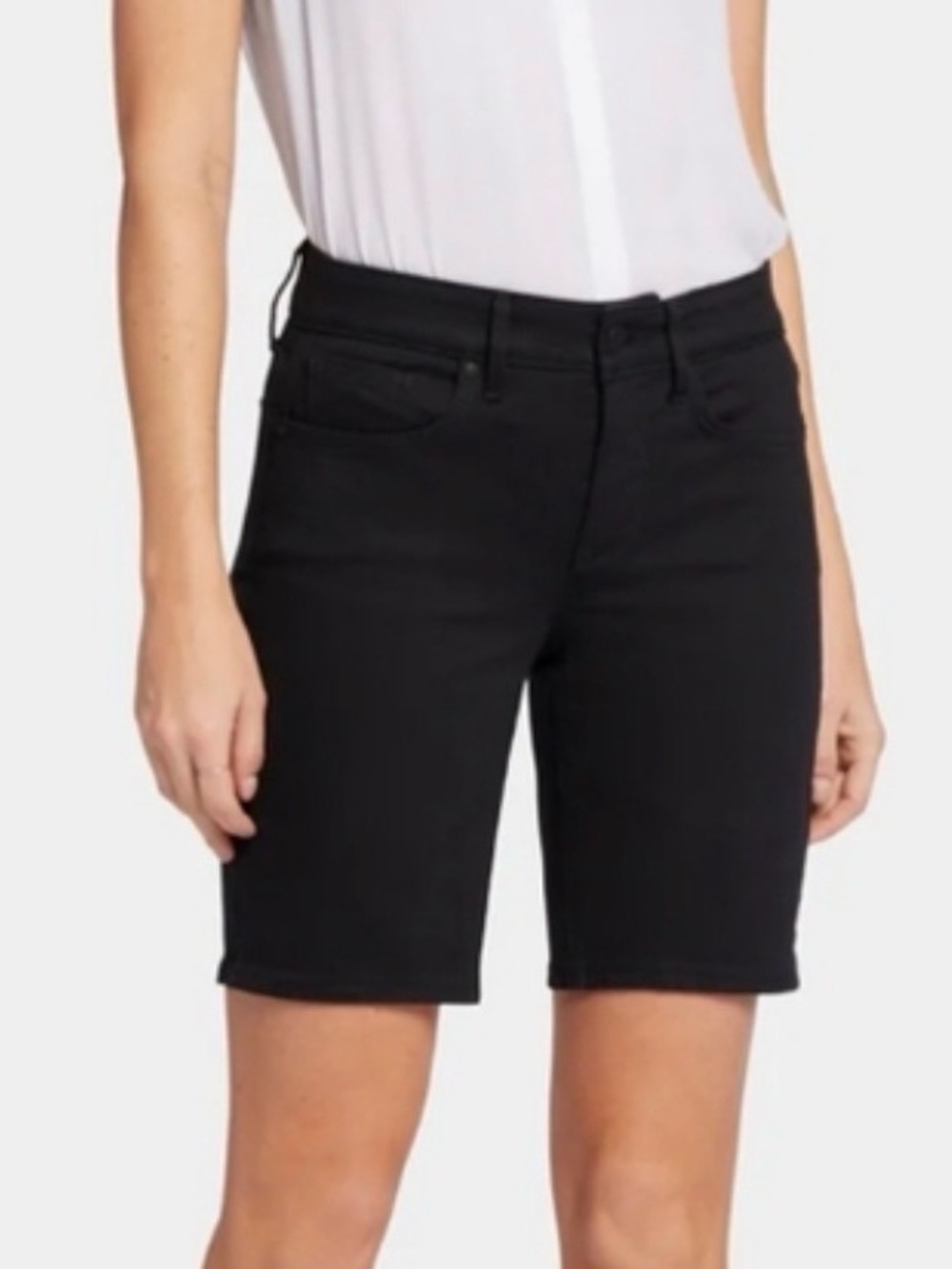 NYDJ Ella Bermuda Shorts Lift Tuck Slimming Stretch Denim Black Side Slit 8P NEW